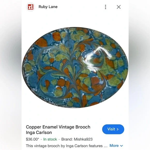 VINTAGE MCM INGA CARLSON COPPER ENAMEL ARTISAN BROOCH PIN w/SWIRL PAINT DESIGN